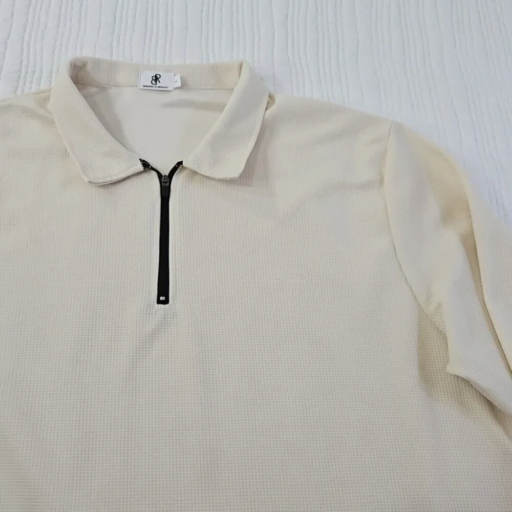 Banana Republic Waffle Knit Sweater Men's L Taupe 1/4‎ Zip Long Sleeve EUC LN